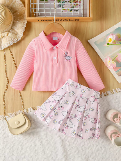 Children's Embroidered Ribbed Polo Shirt & Pleated Skirt Set - Farnelli