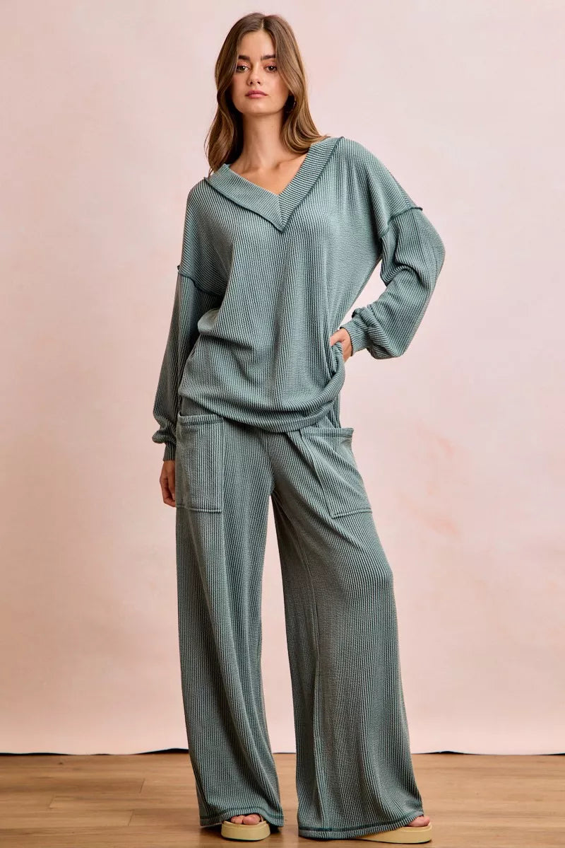 BiBi Two Tone Cord Rib Contrast Stitching V-Neck Top and Pants Set - Farnelli