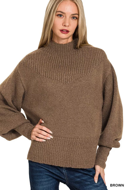 Zenana Balloon Sleeve Mock Neck Sweater - Farnelli