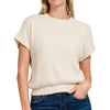 Zenana Round Neck Banded Botton Short Sleeve Sweater - SAND BEIGE