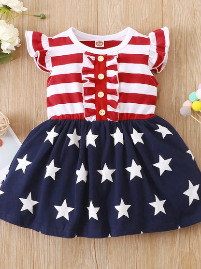 Striped & Stars Ruffled Round Neck Cap Sleeve Dress - Farnelli