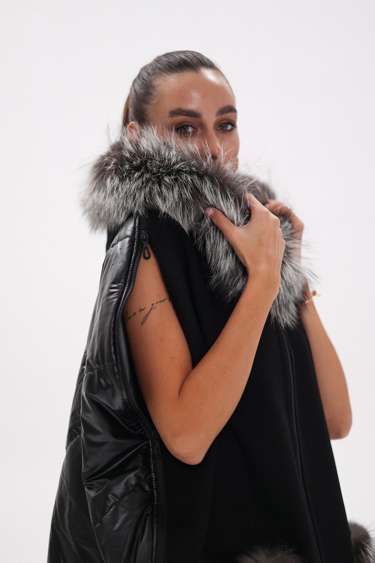 Alaska Outerwear Company black Saga Furs silver fox wool cashmere poncho vest coat