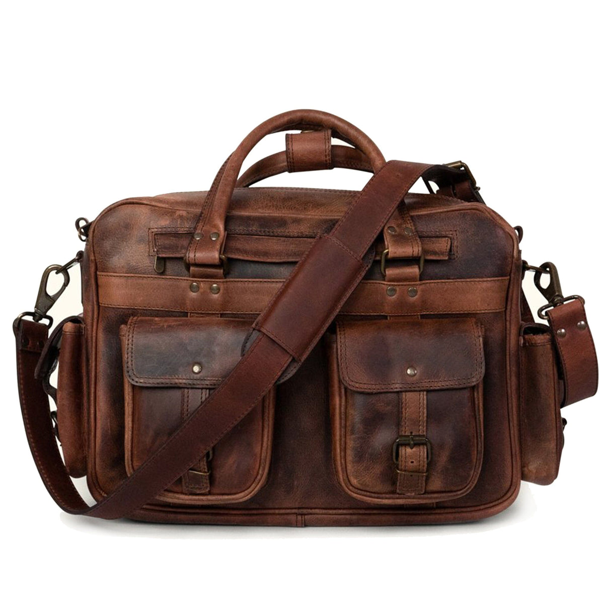 Black leather briefcase from Classy Leather Bags' The Maverick collection, featuring sturdy handles and a sleek professional design.