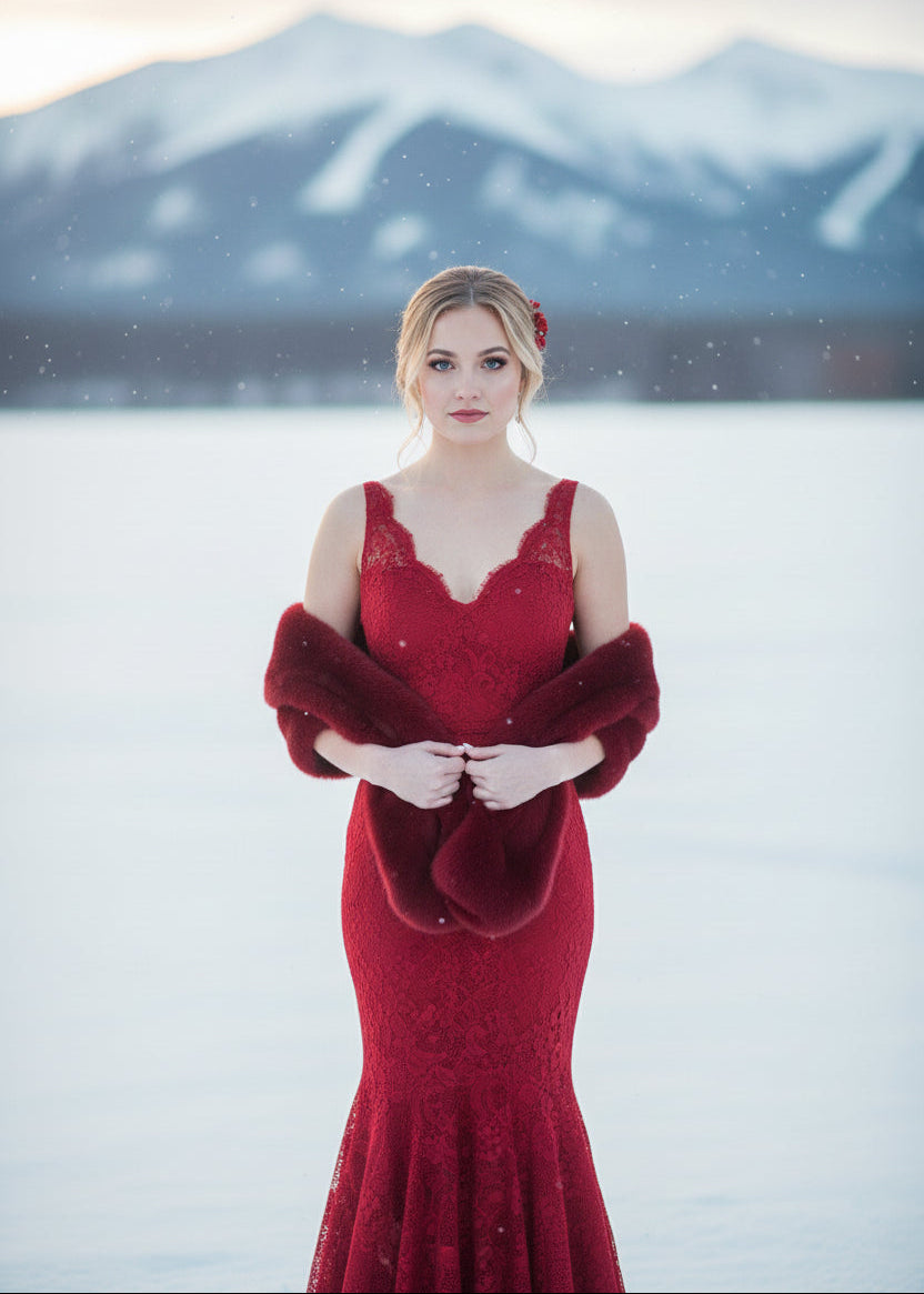 Red Bridal Fur Shawl with Fleece Lining (Audrey Red05)
