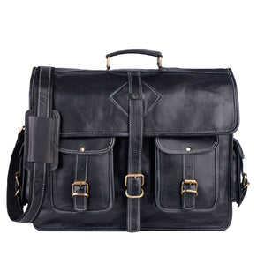 Black leather messenger bag from Classy Leather Bags, featuring a vintage-inspired design with adjustable strap and front flap closure.