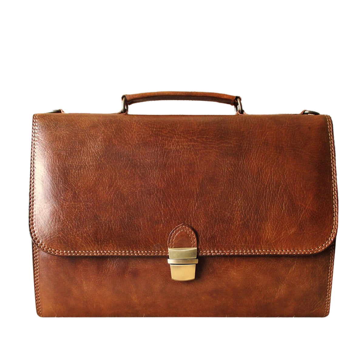Classy Leather Bags Hopkins Briefcase made of brown leather with handles and a front pocket, stylish and professional for business use.