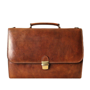 Classy Leather Bags Hopkins Briefcase made of brown leather with handles and a front pocket, stylish and professional for business use.