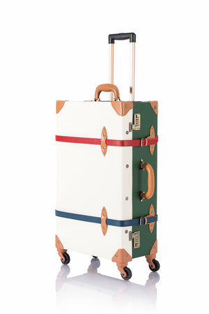 Green and pearl-colored COTRUNKAGE SarahFace spinner suitcase with four wheels and sleek handle, suitable for travel.