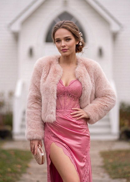 Blush Faux Fur Bridal Jacket with pockets (Anna Blu07)