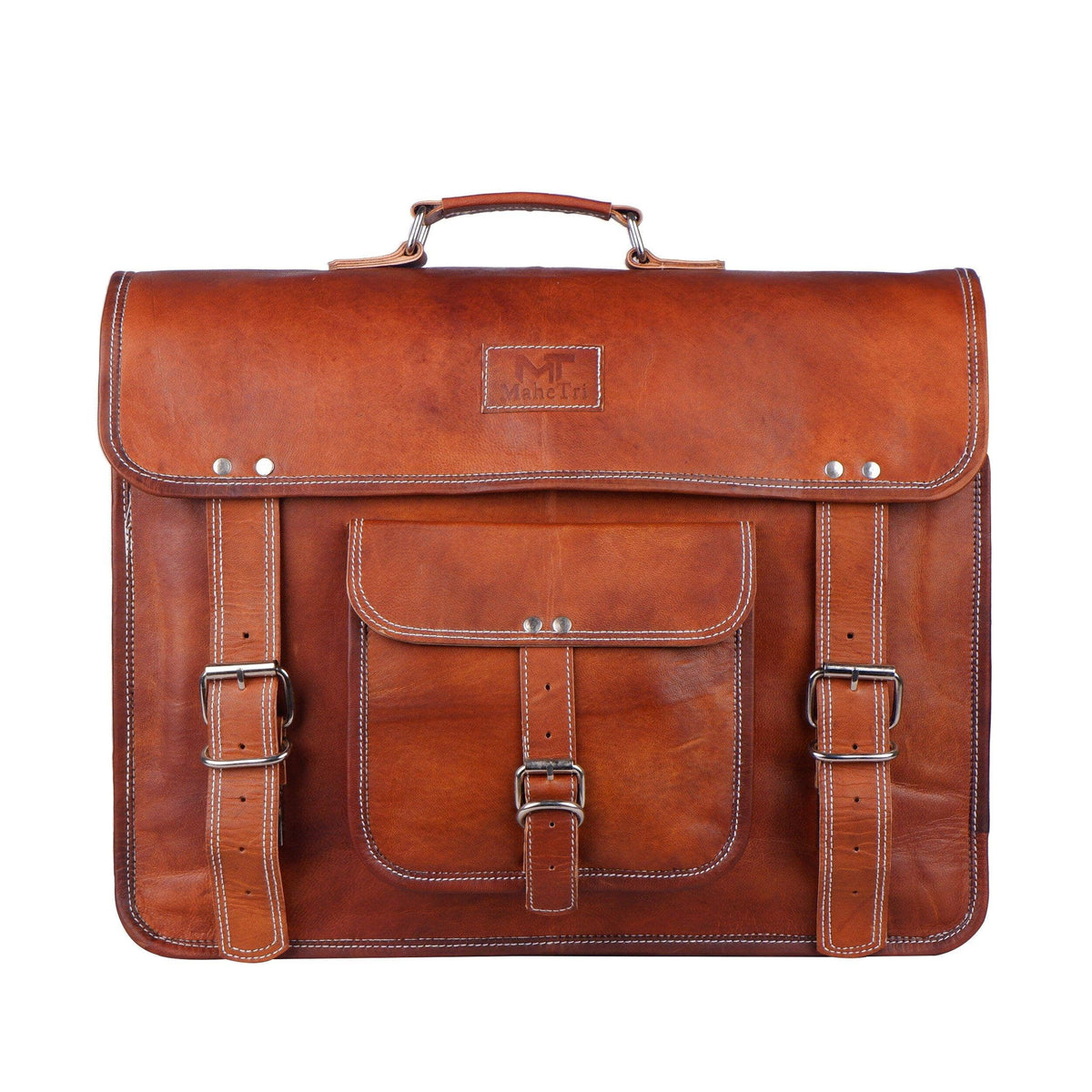 Classy Leather Bags MaheTri front pocket messenger bag with adjustable strap and leather exterior, stylish and practical for everyday use.
