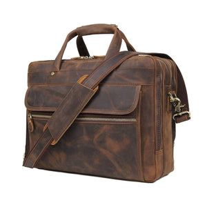 Classy Leather Bags Crazy Horse Leather Briefcase with sturdy handles, front buckle, and classic brown leather finish.