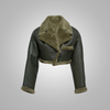 Green Women Aviator Flight Bomber Faux Fur Shearling Sheepskin Leather Jacket - Green