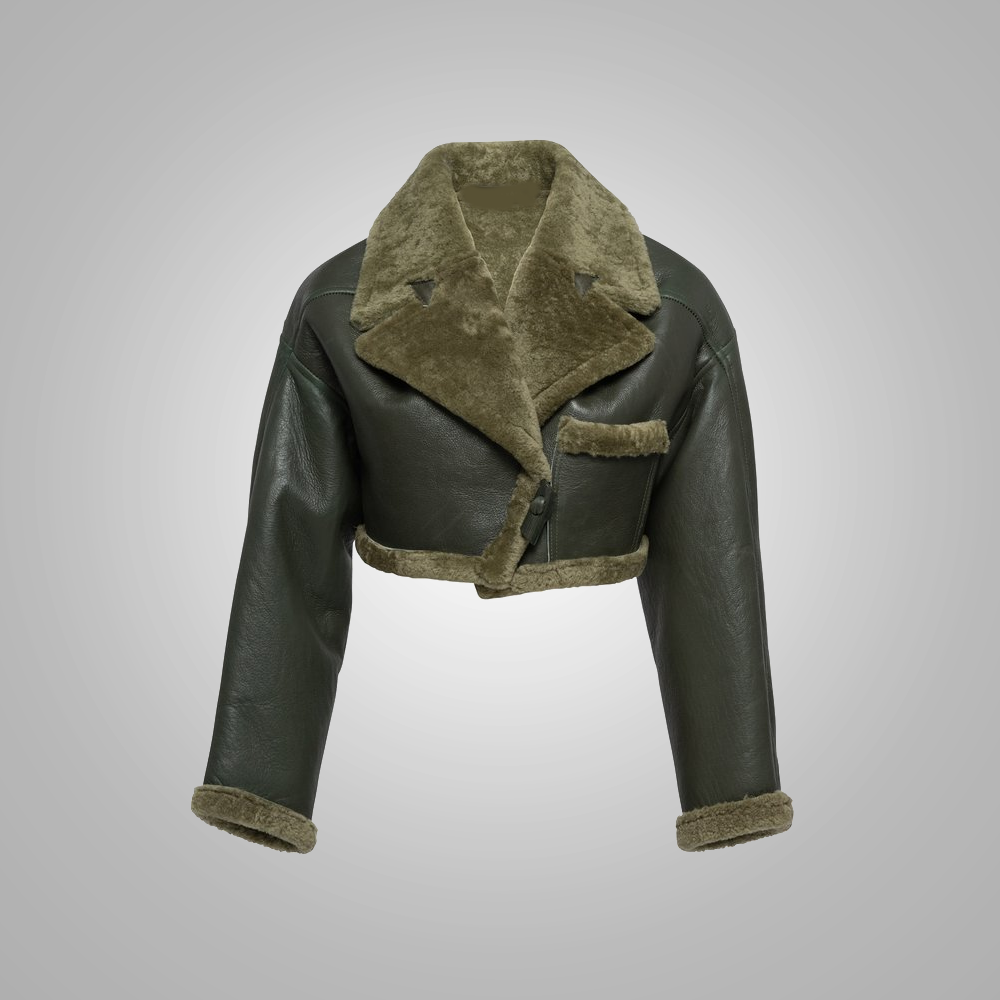 Green Women Aviator Flight Bomber Faux Fur Shearling Sheepskin Leather Jacket