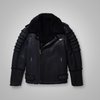 New Men’s Black RAF Flying Shearling Sheepskin Moto Leather Jacket - Black