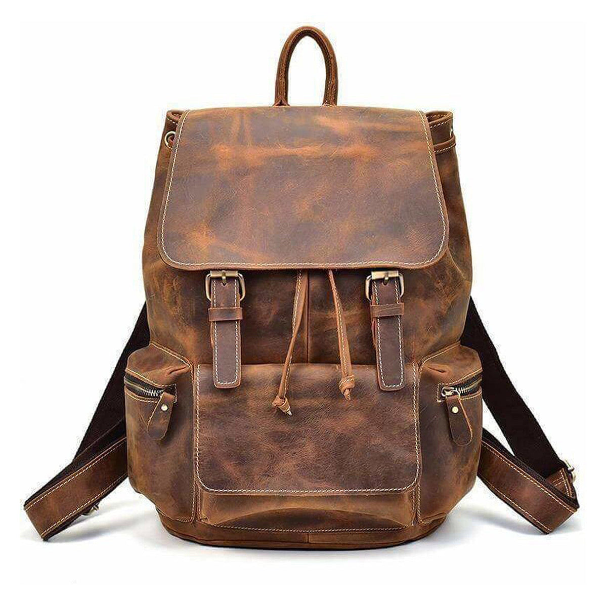 Classy Leather Bags Armstrong Buffalo Backpack with adjustable straps and multiple compartments, made from durable leather.