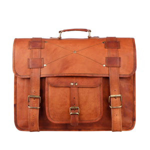 Brown leather Griffin Crossbody Messenger Bag by Classy Leather Bags with adjustable strap and front pocket.