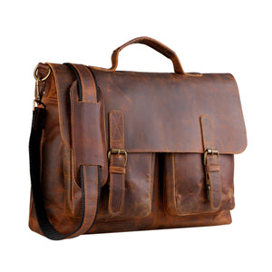 Genuine buffalo leather messenger bag by Classy Leather Bags with adjustable shoulder strap and front flap closure.