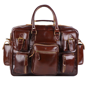 Cherry red Classy Leather Bags briefcase with sturdy handle and silver clasp on smooth leather surface.