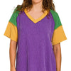 Zenana Mardi Gras Raised Rib Color Block Top - PURPLE