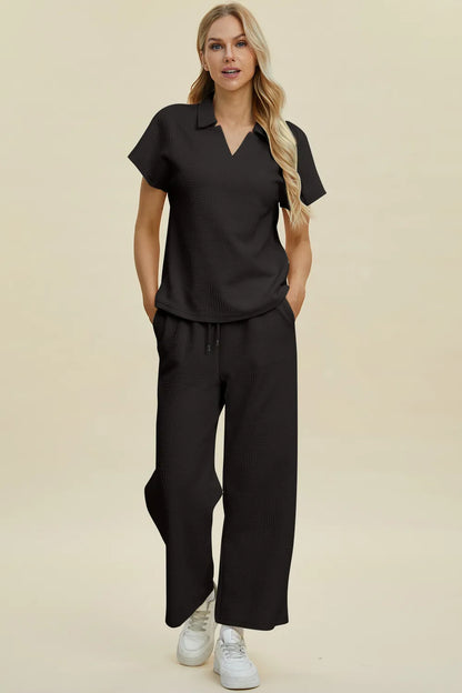 Double Take Full Size Collared Neck Short Sleeve Top and Pants Set - Farnelli