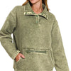 Zenana Fleece Washed High Neck Kangaroo Pocket Sweatshirt - LT OLIVE