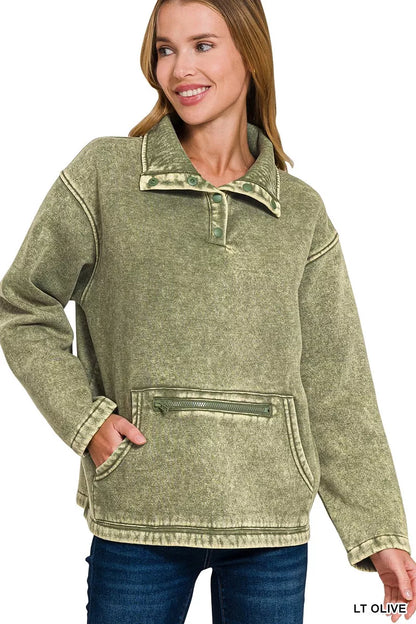 Zenana Fleece Washed High Neck Kangaroo Pocket Sweatshirt - Farnelli