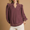 Umgee Ruffle Shoulder Long Sleeve Blouse - RED BEAN
