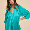 Annie Wear Satin V Neck Open Short Sleeve Woven Blouse Top - EMERALD