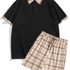 Men's Full Size Classic Plaid Collar Polo and Shorts Set Plus Size - Black