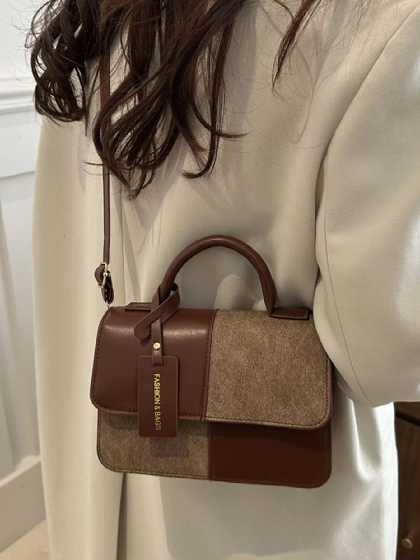 Color Block Flap Crossbody Bag with Top Handle - Farnelli