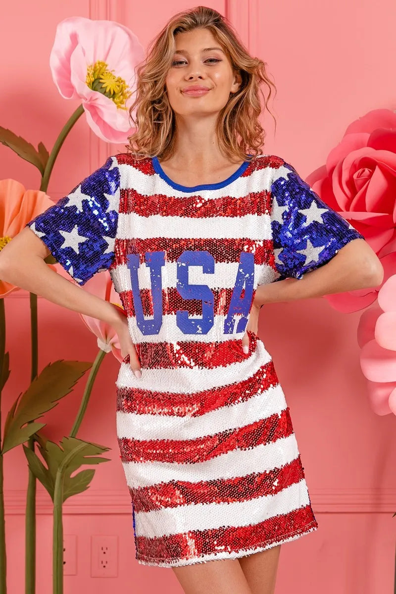 BiBi American Flag Theme Usa Print Sequin Dress - Farnelli