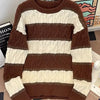 Men's Plus Size Striped Cable Knit Pullover Sweater - Brown