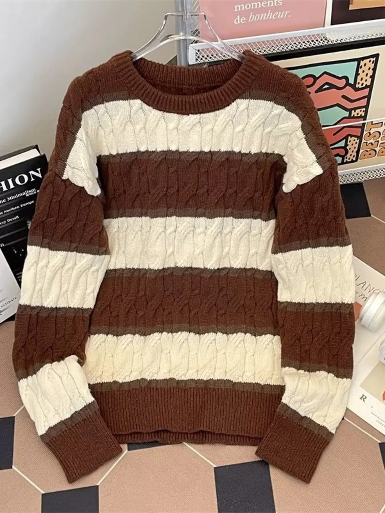 Men's Plus Size Striped Cable Knit Pullover Sweater - Farnelli