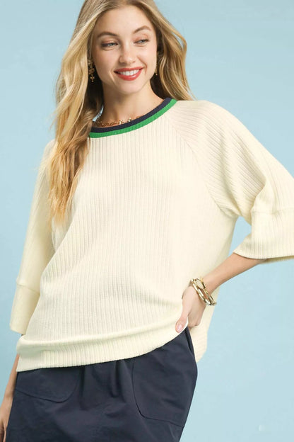 Umgee Ribbed Knit Top with Contrast Trim - Farnelli