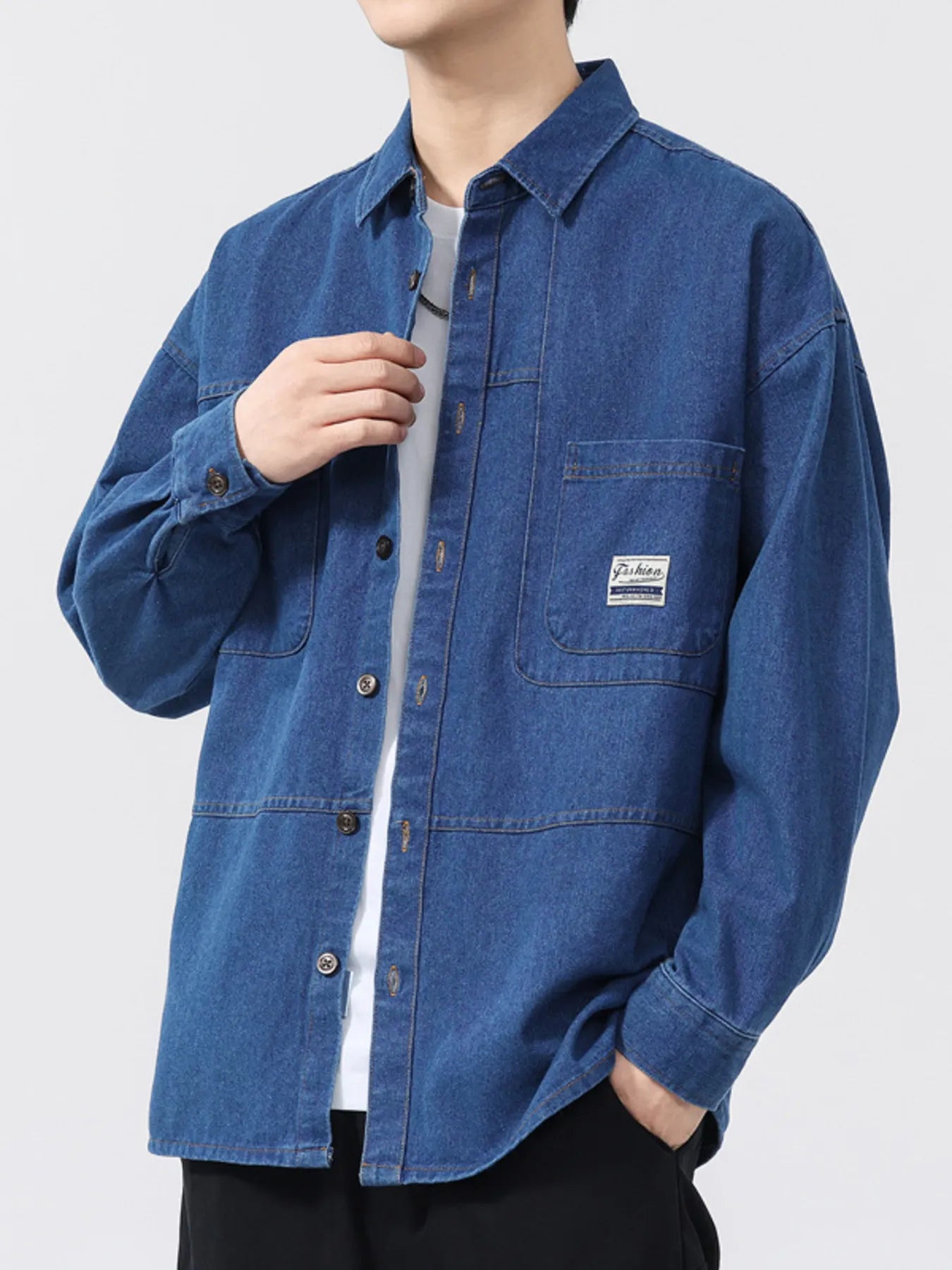 Men's Plus Size Button Up Long Sleeve Denim Shirt - Farnelli