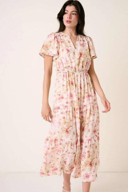 Mittoshop Flower Print Flutter Sleeve V Slit Maxi Dress - Farnelli