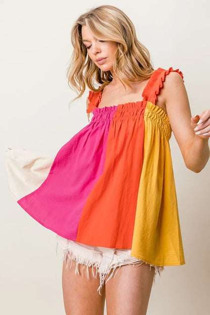 BiBi Frill Shoulder Strap Color Block Bodice Top - Farnelli