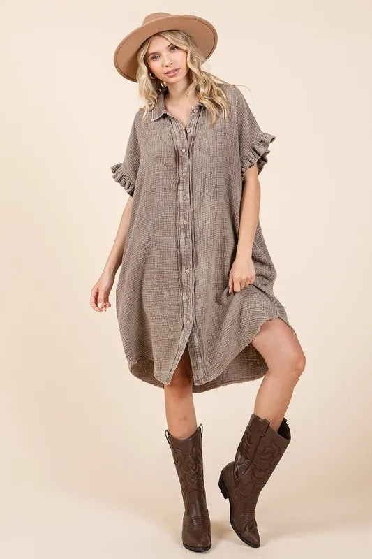 Mittoshop Mineral Wash Cotton Gauze Mini Shirt Dress - Farnelli