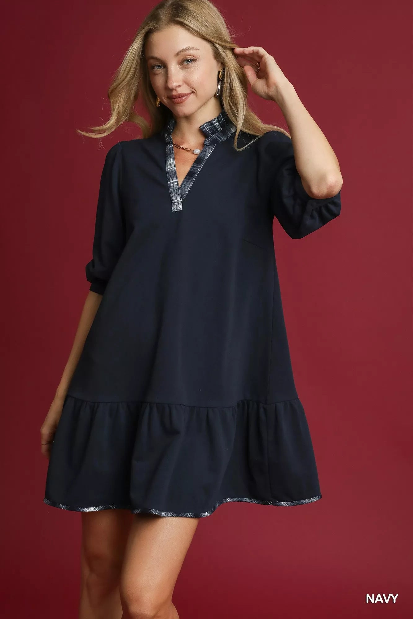 Umgee French Terry Ruffle Hem Dress with Plaid Trim - Farnelli
