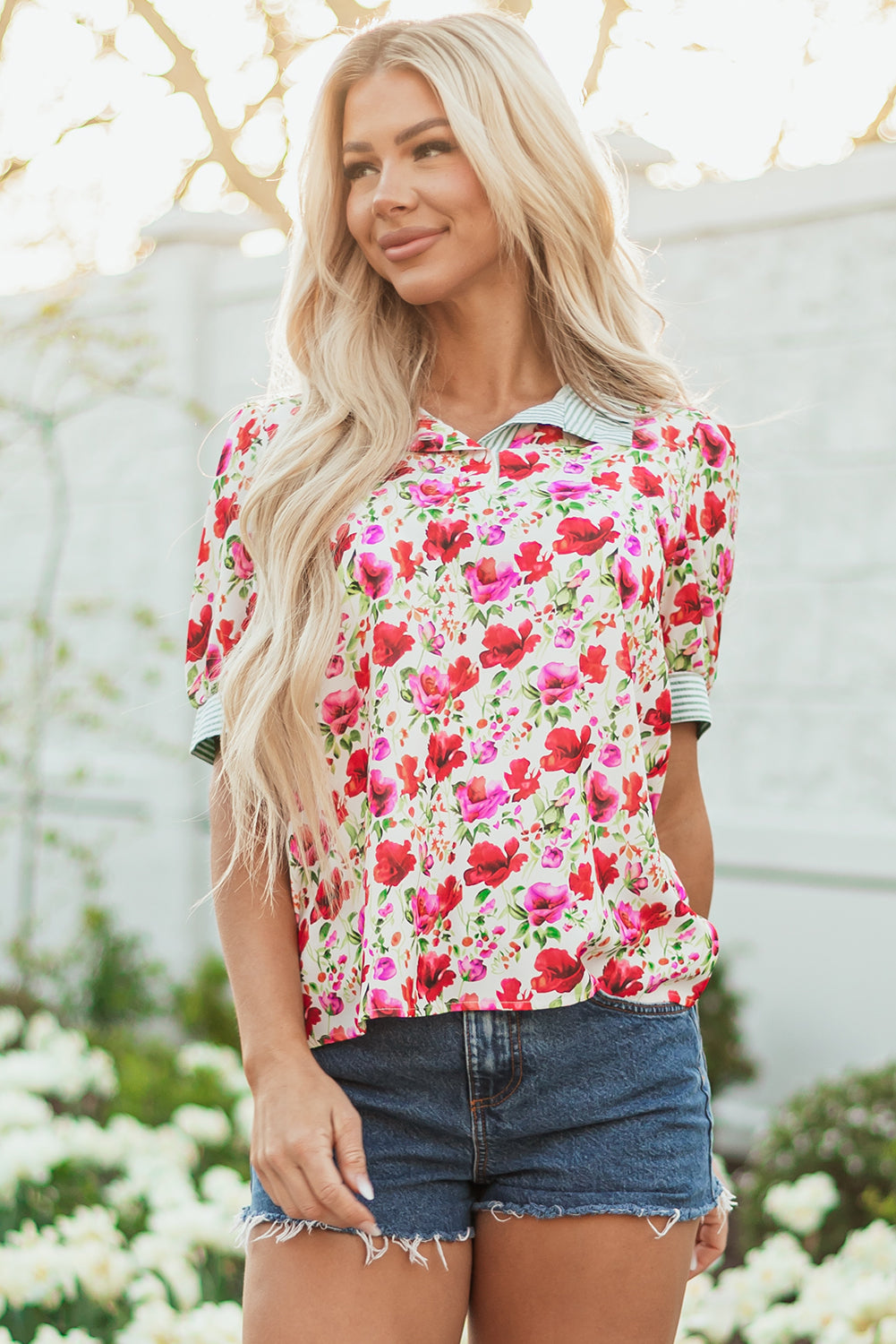 Romy Floral Striped Patchwork Collared Short Sleeve Blouse - Farnelli