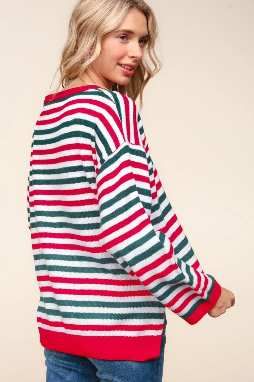 Haptics Full Size Striped Contrast Side Slit Knit Top - Farnelli