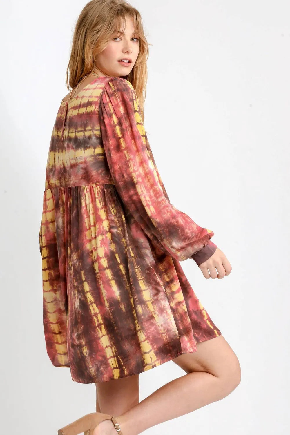 Umgee Full Size Tie Dye Long Sleeve Babydoll Dress with Keyhole Plus Size - Farnelli