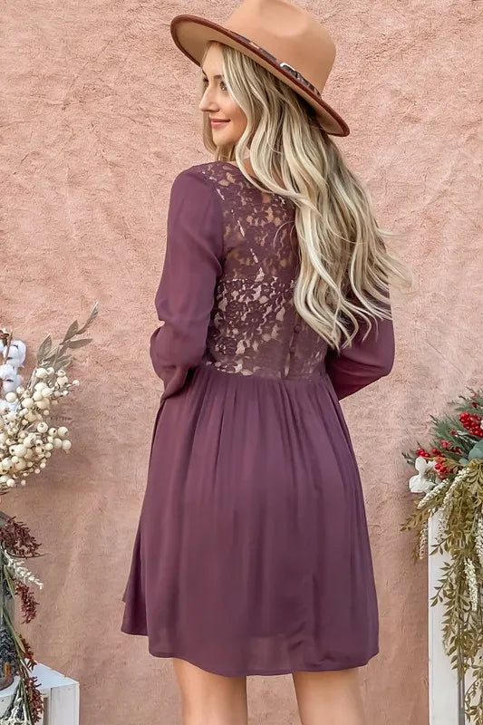 And The Why Back Lace Button Down Detail Bell Sleeve Dress - Farnelli