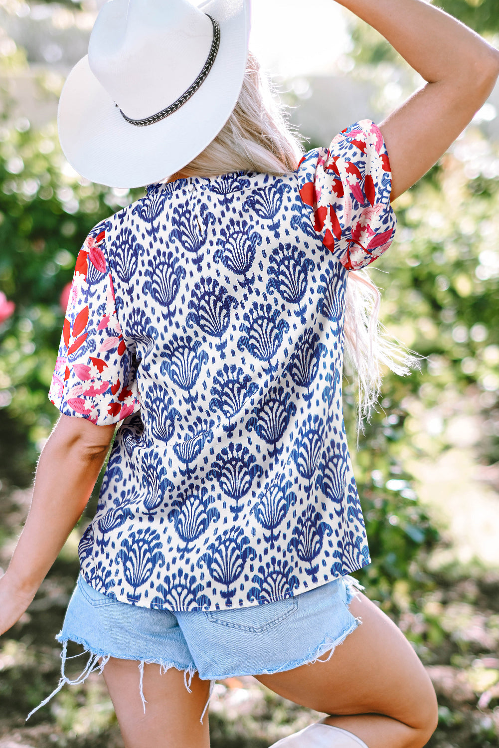 Julieta Floral Puff Sleeve Frilled Neck Blouse - Farnelli