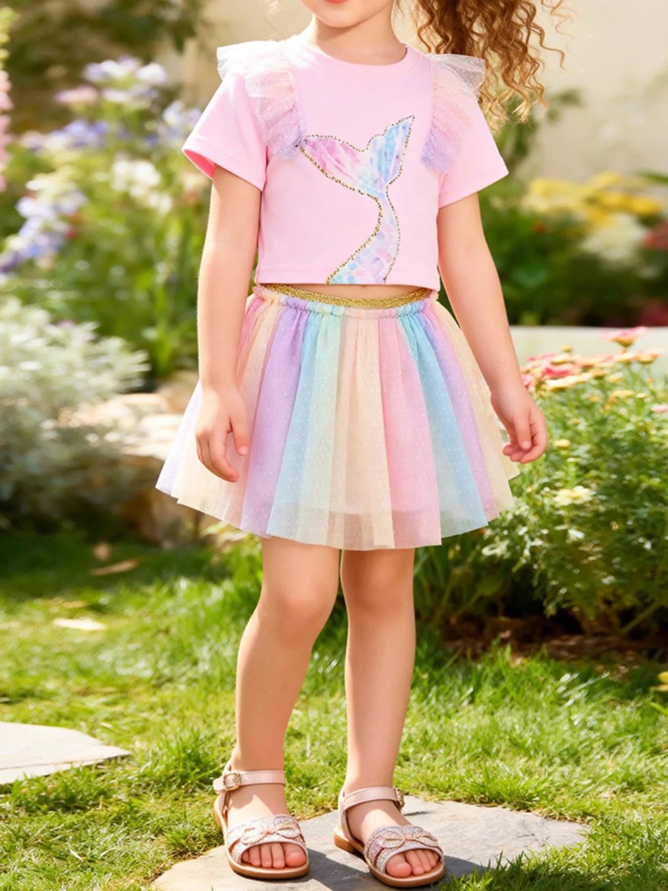 Children's Mermaid Tail Tee & Rainbow Tulle Skirt Set - Farnelli