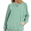 Zenana Halo Snow Washed French Terry Round Neck Sweatshirt - DK GREEN