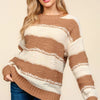Haptics Striped Contrast Distressed Sweater - Camel/Ivory