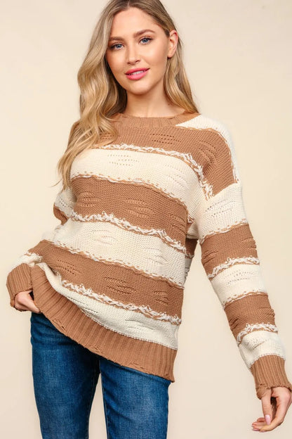 Haptics Striped Contrast Distressed Sweater - Farnelli