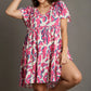 Umgee Full Size Abstract Print Pleat Detail Short Sleeve V-Neck Tiered Dress Plus Size - Farnelli