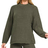 Zenana Round Neck Knit Top and Shorts Sweater Set - DK OLIVE
